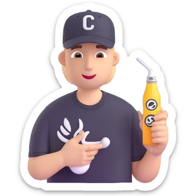 cartoon man with a t-shirt and baseball hat, holding a White Claw and a vape, modern emoji style sticker
