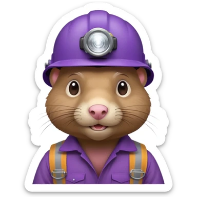 a mole rat, headlamp, BROWN worker cloth, purple helmet,  sticker