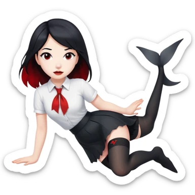 A girl in a white shirt, a black skirt and stockings with black hair, but there are glimpses of red on some areas of hair and also with a shark tail sticker