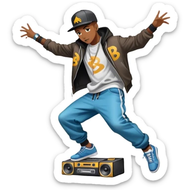 Icon for Street Dance: a dancer in urban streetwear performing a dynamic lower breakdance move, with a spray-painted background and a boombox on the asphalt. The icon should capture the energy, style, and creativity of street dance culture. Transparent background. sticker