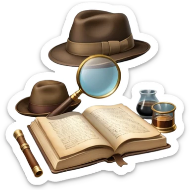 Icon for Detective Reading: an open book with a magnifying glass, a detective’s hat, and a notebook with clues, surrounded by dark shadows and mysterious elements like footprints and a smoking pipe. Transparent background. sticker