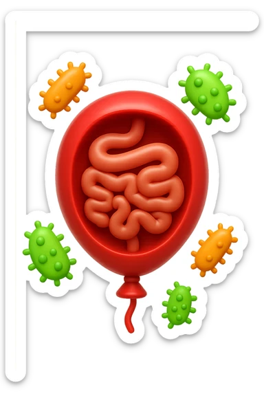 emoji stile iphone di un palloncino in 3d con intestino dentro e batteri intestinali intorno sticker