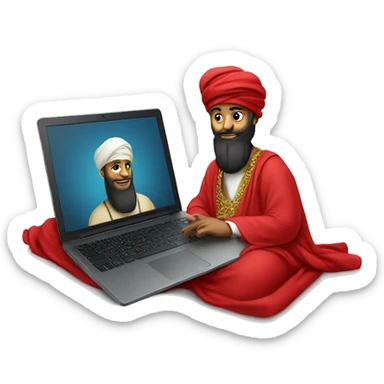 A caliph with turban and red clothes writing in a laptop sticker