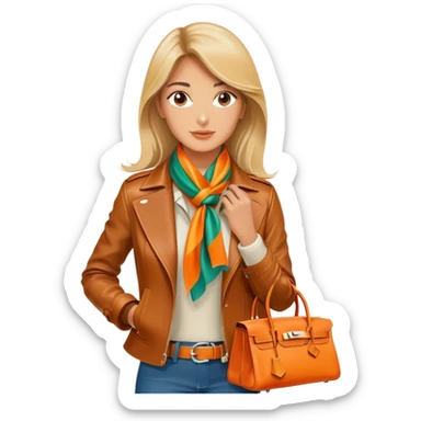 Elegant and tan equestrian woman wearing a leather Hermes jacket and a multicolored silk scarf around her neck. She has an orange Hermes Birkin Bag. I want the image to be close up, starting from the waist up.  sticker