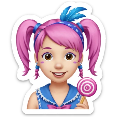 smiling face with pink pigtails, blue bandana decorated with white and purple feathers on top, lollipop in mouth sticker