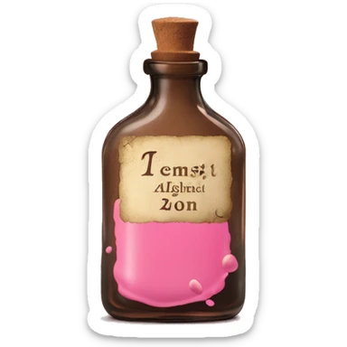 Mysterious Alchemical vintage glass potion bottle, exquisite bottle shape, old and shabby, with label, stylish and minimalistic, brown and pink, oil potion is poured out of the bottle, oil is spilled next to it sticker