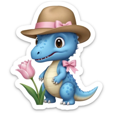 baby blue dinosaur holding white tulips with a small light brown hat on and a pink bow on his neck  sticker