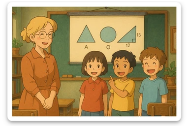 Profesora rubia con gafas redondas y tres estudiantes presentando una diapositiva de geometría, todos sonrientes, estilo ghibli sticker