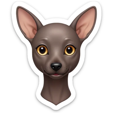 Cinematic Cute Xoloitzcuintle dog Portrait Emoji, Head tilted playfully and inquisitively, featuring smooth, hairless ebony skin with distinctive, artistic wrinkles, round, sparkling dark eyes filled with curiosity, Simplified yet irresistibly adorable features, highly detailed, glowing with a warm, friendly glow, high shine, affectionate and spirited, stylized with a touch of whimsy, bright and endearing, soft glowing outline, capturing the essence of a mischievous yet loving companion, so playful it feels like it could trot out of the screen and into your arms! sticker