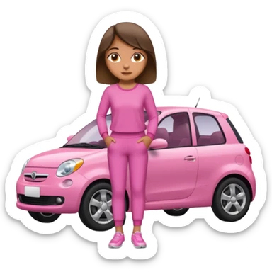 Create me a emoji girl with brown eyes in a pink outfit leaning on a car full body sticker