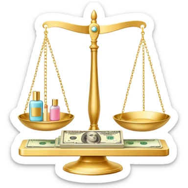 gold scale with dollars on one side and beauty products on the other sticker