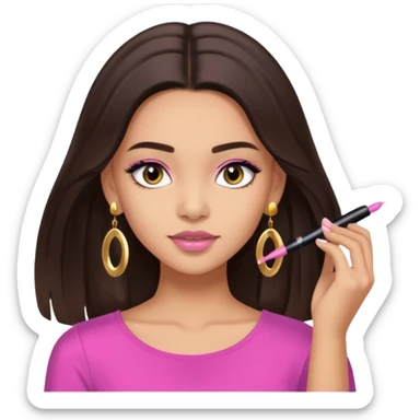 A brunette girl lightskin with mi-long hair and gold earrings wearing a cute pink top while putting mascara maybeline  sticker