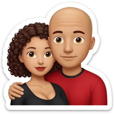 A picture of a tanned couple embracing. the guy is Mexican, with a bald hair cut and he is wearing a red shirt. the girl is mixed, the girl is wearing a black shirt, the girl has curly longer dark brown hair and with big boobs  sticker