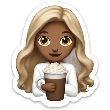 white girl with brown long hair and a hot chocolate sticker