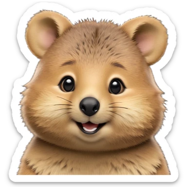 cinematic-realistic quokka-emoji,-small-round-frame, head tilted in an endearing manner, comical smile, round cheeks, giant-fluffy-cheeks-large-smile-fluffy-brown-fur-radiating-a-warm-softness,-big-round-eyes-filled-with-joy, realistic round  fluffy zoomed in, large black eyes one paw raised  sticker