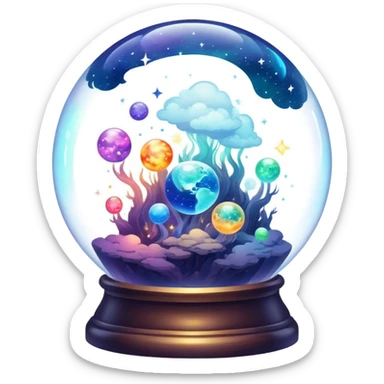 Tiny mystical mysterious celestial sparkly cloudy magical glowing spherical nebula planets inside a glass globe dome sticker