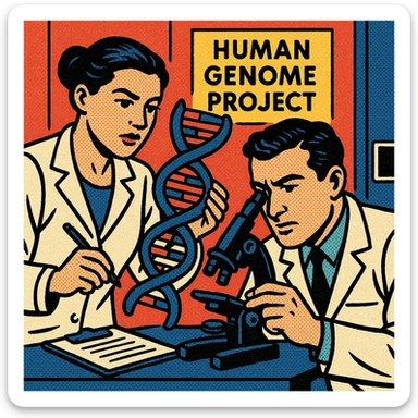 A male and female scientists carrying out medical research in a modern science lab.  A sign on the door in the background reads 'Human Genome Project' and the two scientists are studying the structure of DNA. There are computers from the 1990s in the background. sticker