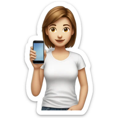 young fair brown hair girl with smartphone and white T-shirt sticker