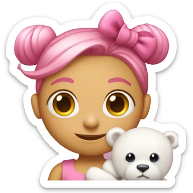 a pink monster with a BIG pink bow on the side of her head with a dress and holding a white teddy  bear’s be sticker