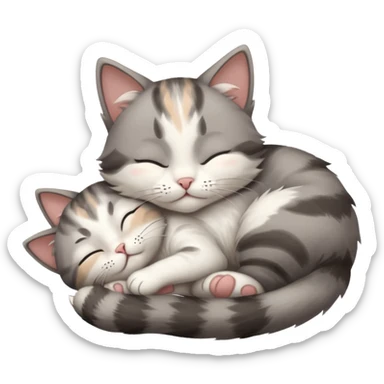 grey and white small cat with eyes closed lying down upside down tightly hugging its own face sticker