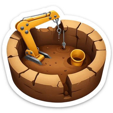 Emoji-style illustration of an excavation pit, flat vector look, bold outlines, minimal details, no background. sticker