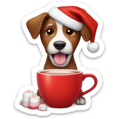 A cute brown dog drinking a hot chocolate with marshmallow and wearing red Christmas hat sticker