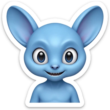 cute blue alien emoji with big floppy ears, sharp teeth, wide eyes, mischievous smile, playful and wild expression, 3D emoji style, round head, soft shading, bold outlines sticker