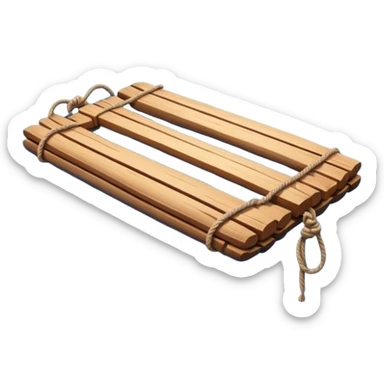 showing a simple wooden raft floating on calm blue water — made of several brown logs tied together with rope — gentle ripples around it — bright, cheerful lighting and soft shadows — minimalist, clean emoji design sticker