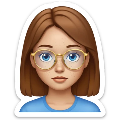 Girl with light skin, brown hair, blue eyes, freckles, and gold glasses sticker