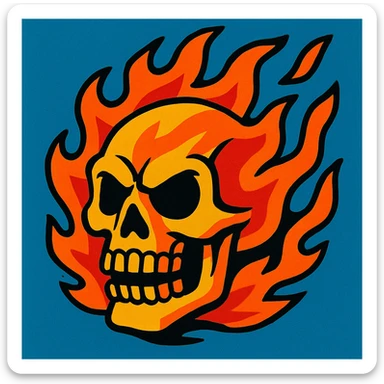 skull with flames, energetic, graphic, eye-catching sticker