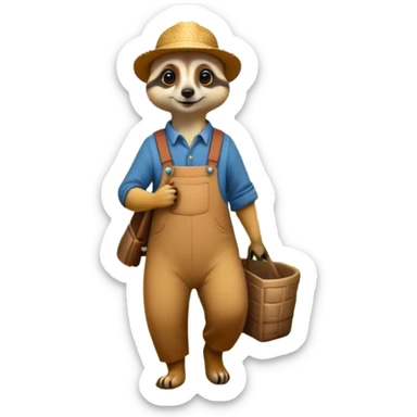 A Meerkat, dressed as a farmer, walking in the field with flowers and bushes surroundings and butterflies flying above  sticker
