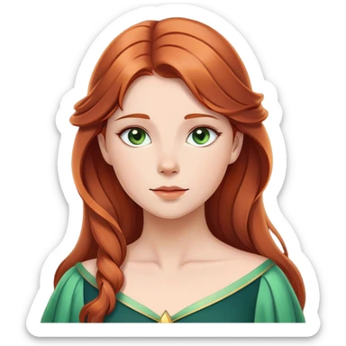 Cinematic Serene Sleeping Beauty Portrait Emoji, rendered in a simplified vector style. Depict a gentle Aurora (chest and above) with fair, glowing skin and softly cascading auburn hair, her expression calm and reflective, dressed in her timeless attire. The image exudes a soft, warm radiance with high shine and a subtle glowing outline. sticker