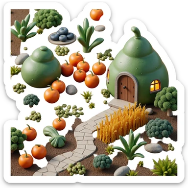 Exterior view of an alien farm with strange organic buildings shaped like alien fruits, bizarre plant forms growing from glowing soil, twisted wheat and mutated vegetables sticker