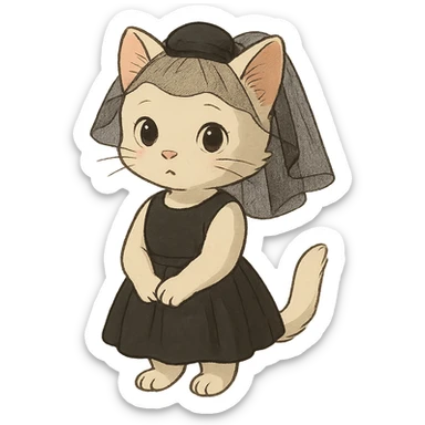ghibli style white kitten wearing a black mini dress and black veil sticker