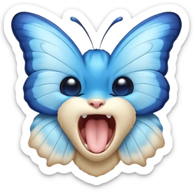 Cinematic Realistic Cute Yawning Blue Butterfly Portrait Emoji, Head tilted slightly with a dramatic, wide-open yawn, showcasing soft, downy sapphire wings with delicate, natural droop and half-closed, drowsy eyes rendered in exquisite detail, high shine, relaxed yet expressive, styled with a dash of subtle garden charm, soft glowing outline, capturing the essence of a sleepy yet affectionate blue butterfly that appears ready to rest its wings in quiet, enchanted slumber! sticker