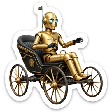 Action in Old American West tarnished C-3PO bounty policeman in 1864 delicately ornate rosegold accents painted buggy powered by electric motors and batteries with safety features and belts flying rapidly across rough dusty terrain stable on strong agile futuresteampunk suspension and steering  sticker