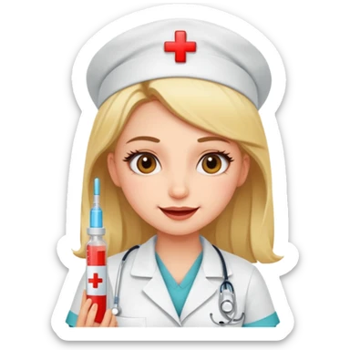 Create a cute sexi girl, funny sticker-style story in a cartoon illustration.
Scene sequence shows a nervous patient getting an injection from a kind nurse.
 sticker