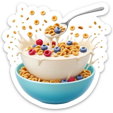 Cinematic crunchy cereal, vibrant and colorful, splashing into a bowl of cold milk, soft glowing background, dynamic movement, playful and inviting, nostalgic and fun. sticker