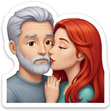 Long red hair woman kissing man with short gray hair and beard sticker