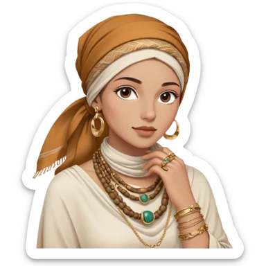 The woman, partially visible, wears a richly textured headscarf in earthy tones, draped gracefully over a white long-sleeve top. Her accessories steal the spotlight—intricately designed gold bangles, statement rings, and layered necklaces—each piece exuding heritage and craftsmanship.  sticker