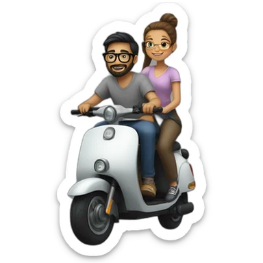 boy with long hair tied in a bun, beard, and glasses, riding a black scooter with a girl on the back sticker