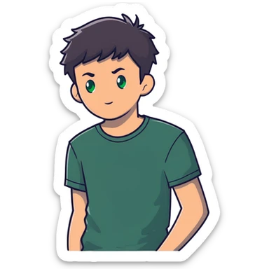 man with dark messy short hair, dark green eyes, wearing a gray t-shirt sticker