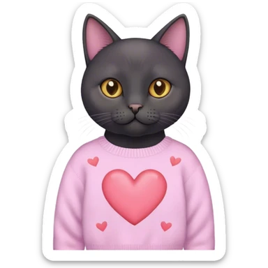 cute black british cat sitting 
 in a cute pastel sweater with hearts sticker