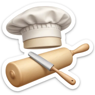 Cinematic Realistic Chef Hat & Rolling Pin, crisp white cotton hat with soft folds, resting beside a classic wooden rolling pin with smooth, polished curves, a light dusting of flour adding authenticity, warm kitchen lighting casting gentle shadows, glowing with a cozy and inviting charm. sticker