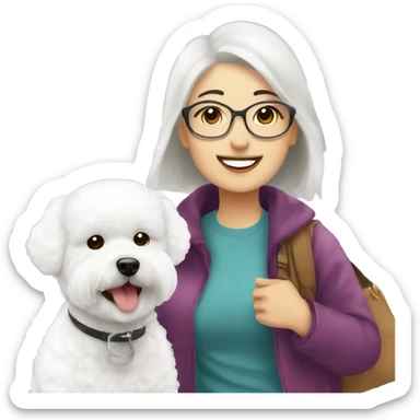 A cute and happy bichon frise with an Asian woman at the airport  sticker