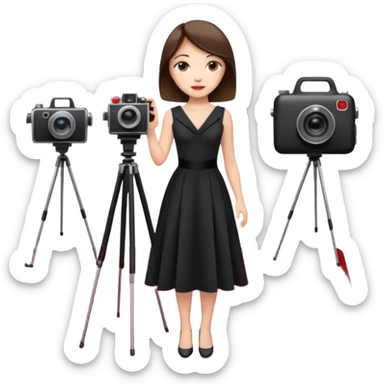 an actress standing on a red carpet with a formal dress, with a film camera next to her. sticker