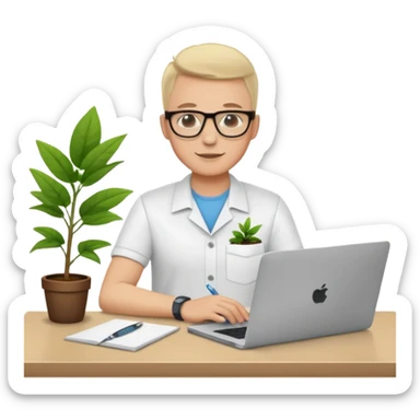 Create an emoji of a professional agronomist in an online video call. Sitting at a desk with a laptop, wearing a shirt and glasses, friendly and confident expression, with a small healthy plant on the desk, minimal flat design, bright colors, vector style, white background. sticker