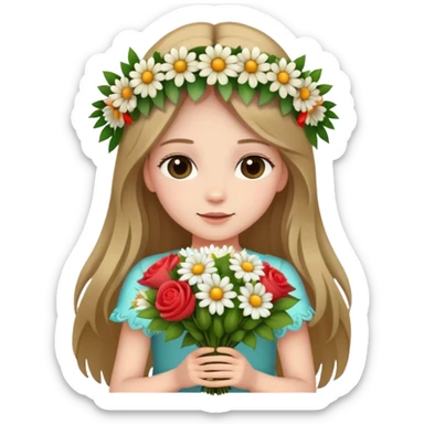 Beautiful girl with long hair and a wreath holding a bouquet of flowers sticker