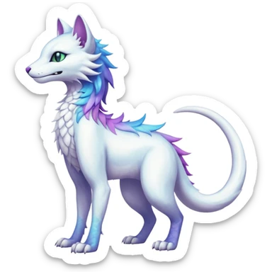 Kawaii white iridescent edgy fantasy feline-vernid-sergal-fursona animal creature with a tufted tail full body with intricate markings  sticker