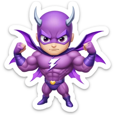 cute purple insect superhero with determined confident eyes, bulging biceps and muscles, electric lightning extending from arms, and a cool smirking expression sticker